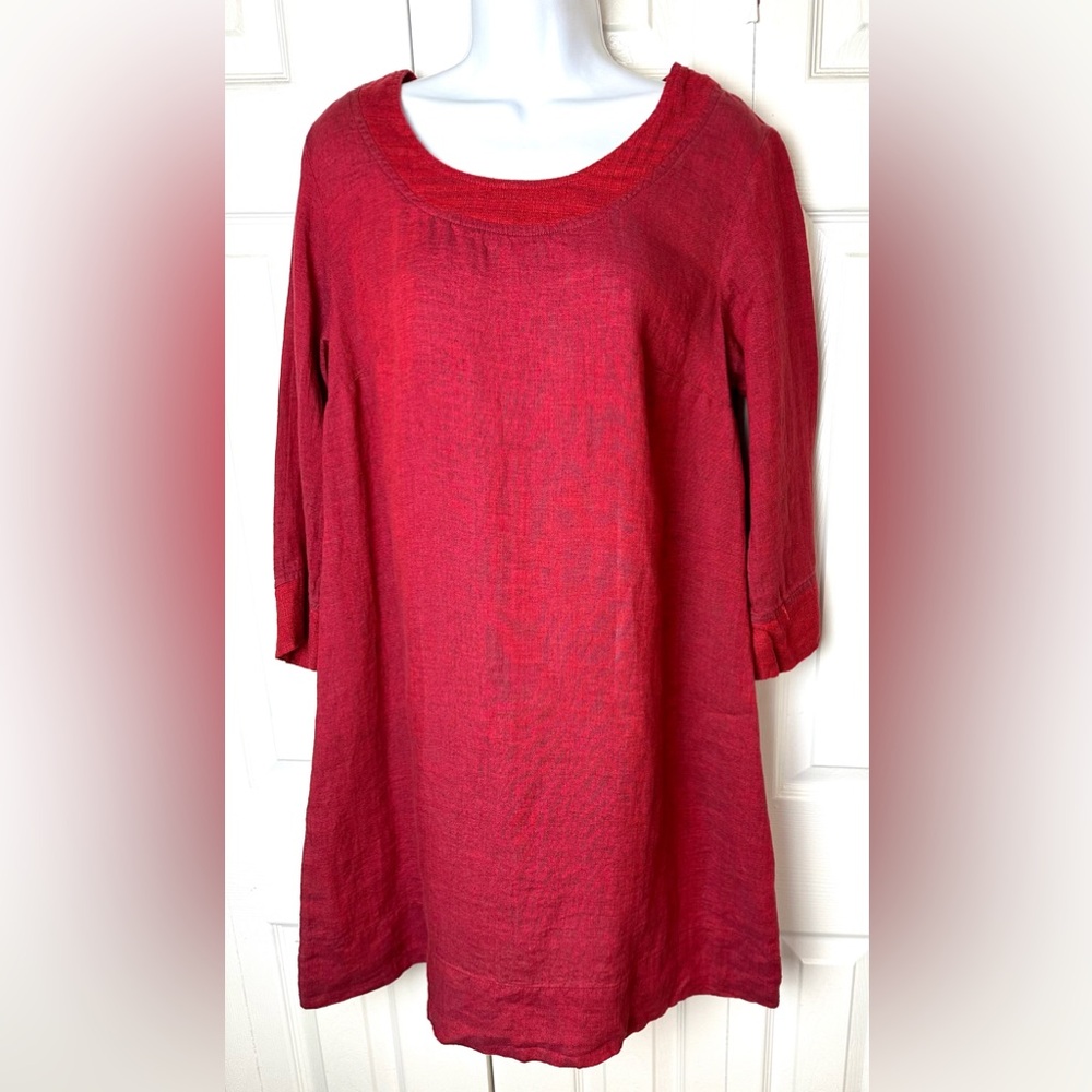 New FLAX Red Simple Shift Dress 100% Linen Classic Lagenlook Contrast Trim NWT